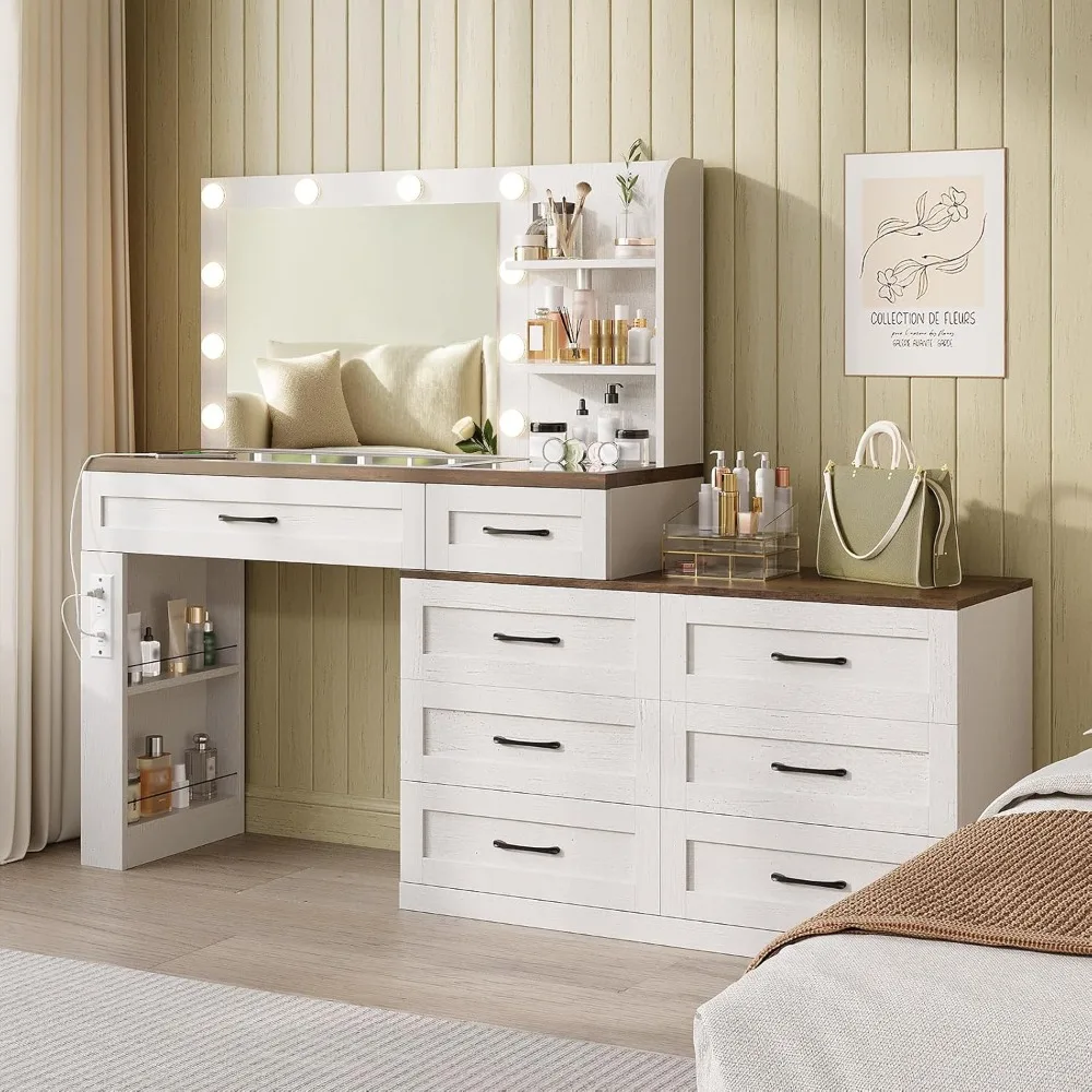 مكتب مكياج كبير للمزرعة، مجموعة خزانة زينة ذات سطح زجاجي، طاولة تزيين مكياج، مع مرآة وأضواء و8 أدراج
