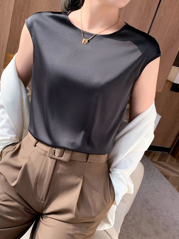 HONGHANYUAN Women Elegant Blouses Office Tunic Satin Silk Round Neck Sleeveless Black White Summer Shirts Basic Tops, Drop Shi