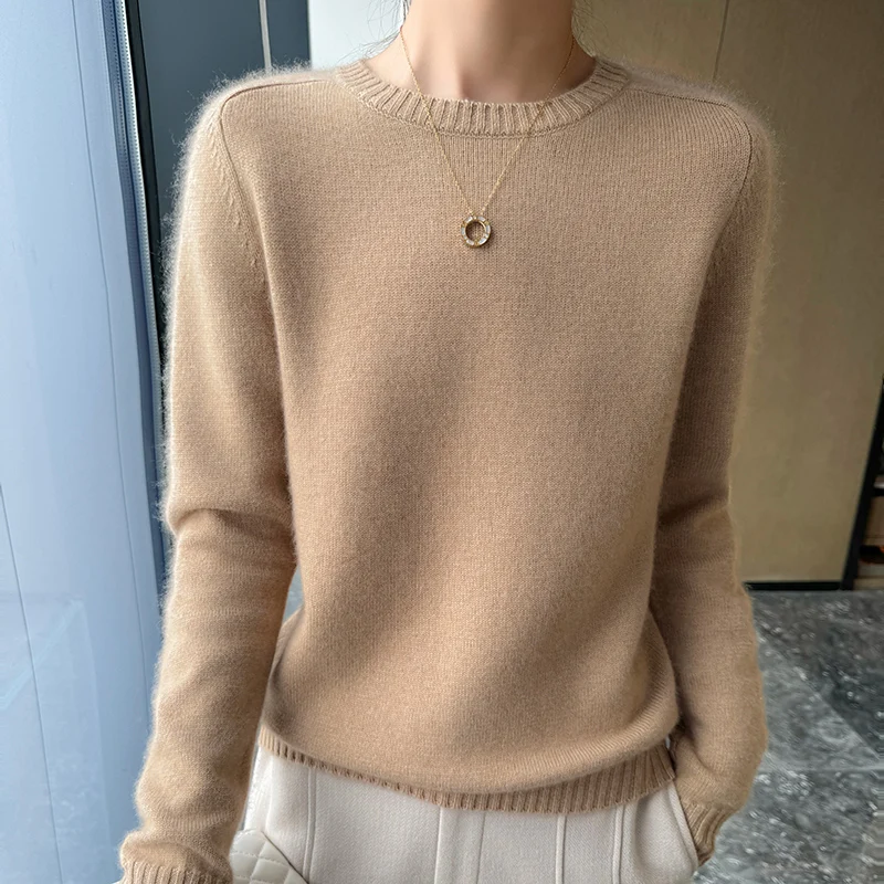 

Autumn/Winter Women's 100% Cashmere Sweater Casual Knitted Hoodie Undercover Round Neck Loose Tops Basic Jumper Blouse Thickened