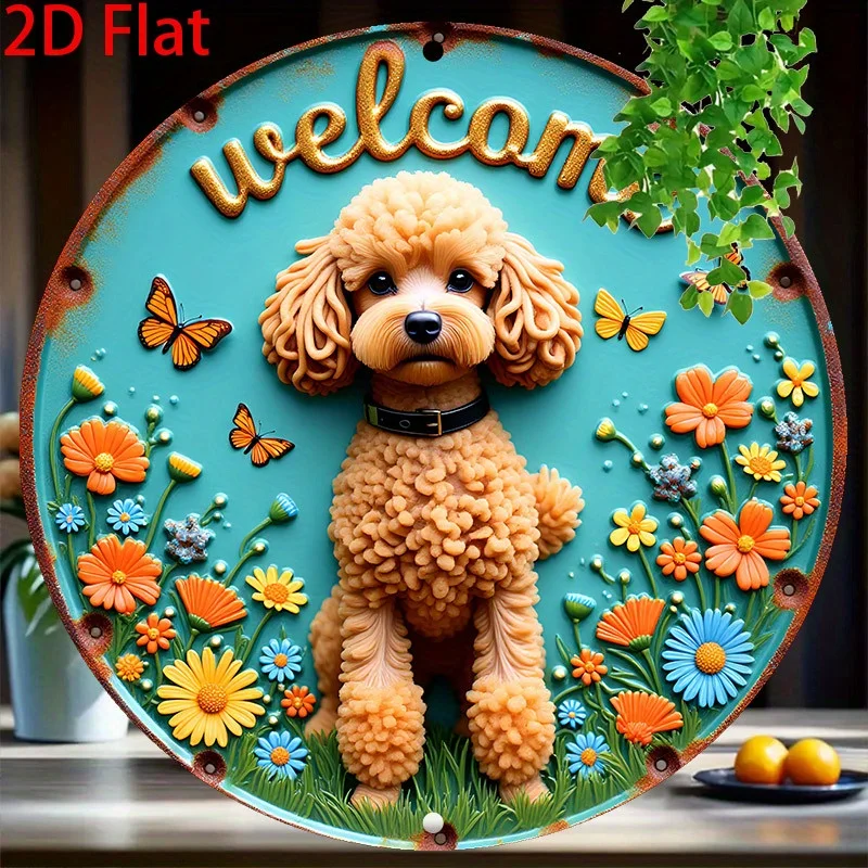 Placa de disco de madeira redonda de 8 polegadas, design de poodle plano 2D com flores coloridas, borboletas, garagem e detalhes de casinha de cachorro para decoração quente