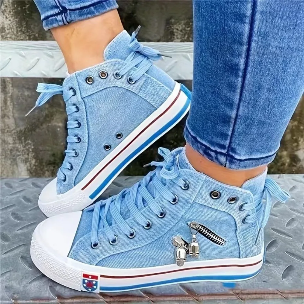 2024 New Women Canvas Shoes Retro Lace Skull Light Blue Retro Denim High Top Sneakers Classic Metal Decoration Casual Zapatillas