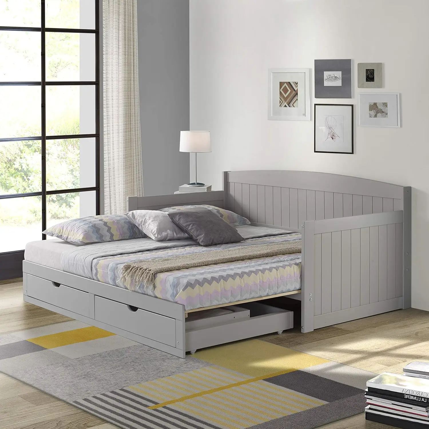 Wood Daybed, Single, Dove Gray, 2 Pull-Out Drawers, 440 lbs Weight Capacity, Brazilian Pine Construction, Veneers, Children's