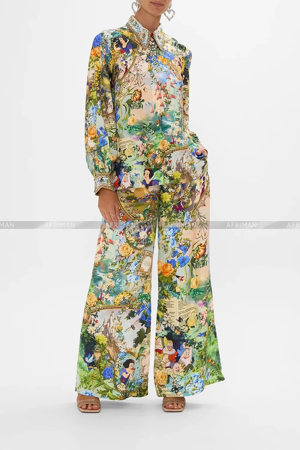 2024 Cartoon Print Heavy Beaded Silk Shirt+ Elastic Waist Wide Leg Long Pants Set