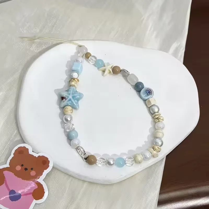 Korean Cartoon Cute 3D Blue Starfish Beaded Phone Chain Charm Lanyard For iPhone Samsung Universal Accessories Jewelry Pendant