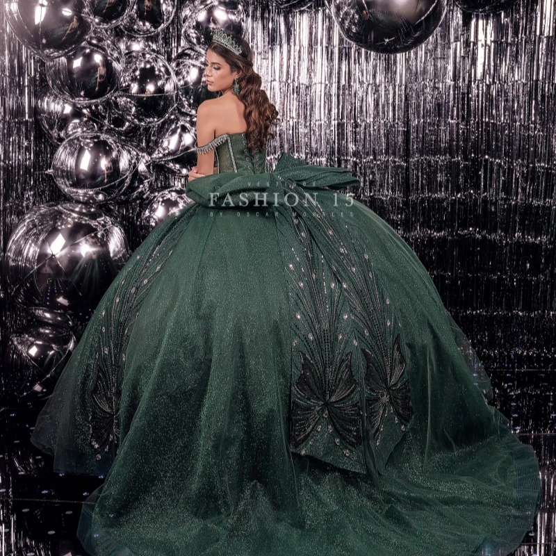 Blackish Green Shiny Quinceanera Dresses Off The Shoulder Beading Crystal Bow Tull Corset Ball Gown Vestidos De 15 Anos Sweet 16