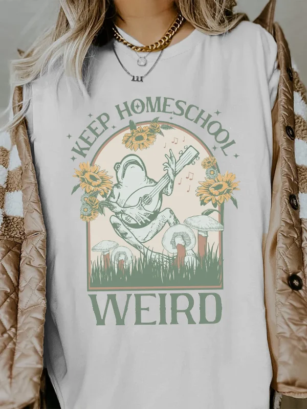 

Keep Homeschool Weird Slogan Women T-shirt Cotton Vintage Frog Playing The Guitar Print Female Shirt New School Casual Girl Tee