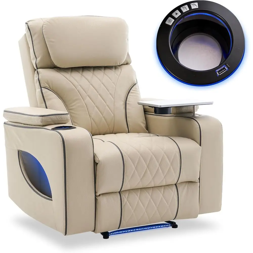 Luxury Recliner with Heating, Massage, Cooling, Ambient Light, Cup Holder, Tray, USB, Adjustable Rest, Beige