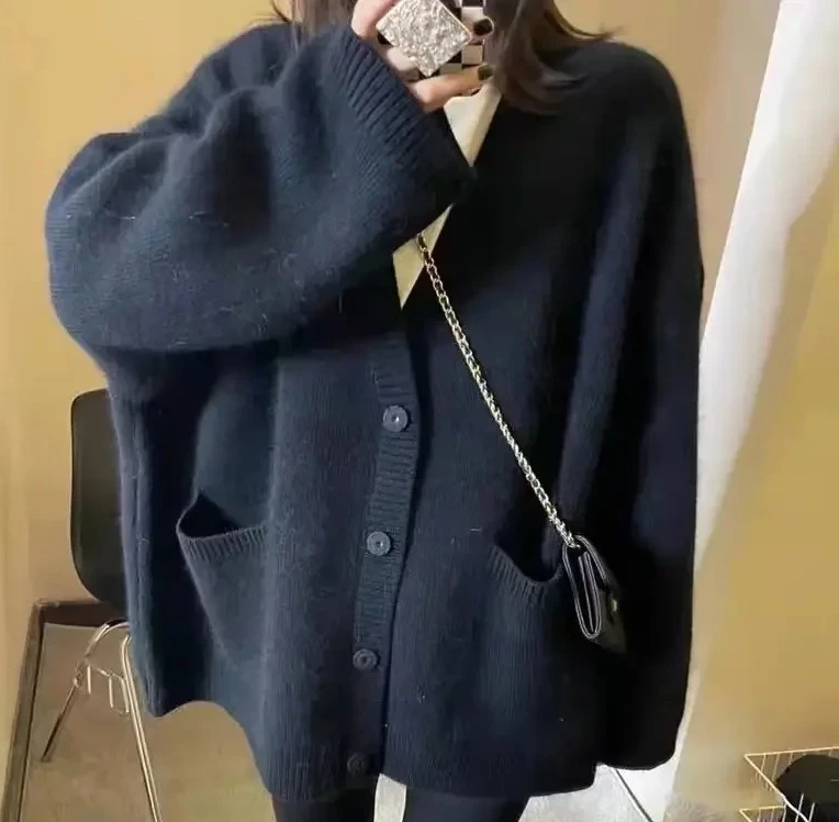 

Ранняя осень, новый ленивый стиль, свободный однотонный мягкий вязаный свитер, женский открытый кардиган