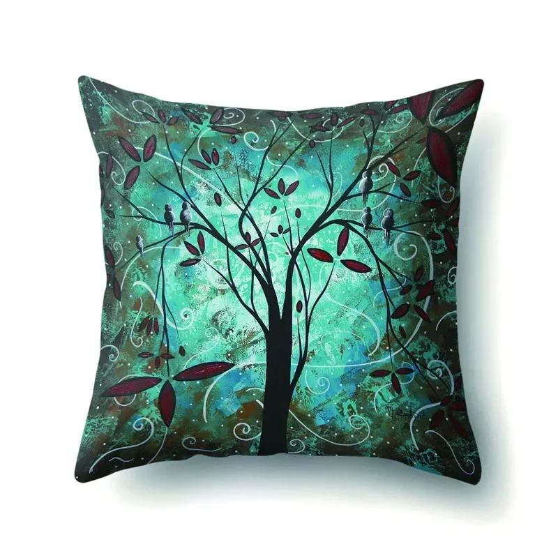 Retro Village Pillow Case Modern Home Decorative Trees and Flowers Pillowcase for Living Room Soft Cushion Pillow Cover 45x45cm