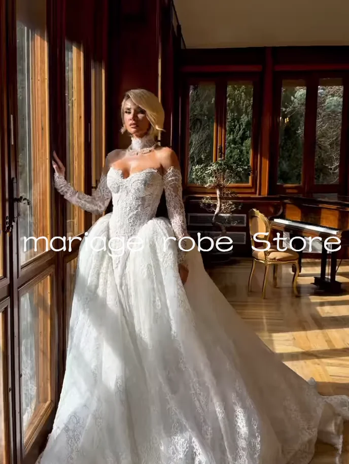 Luxury Princess Church Wedding Dresses with Detachable Train Lace Applique Remove Long Sleeve Bridal Gown Garment Customsized