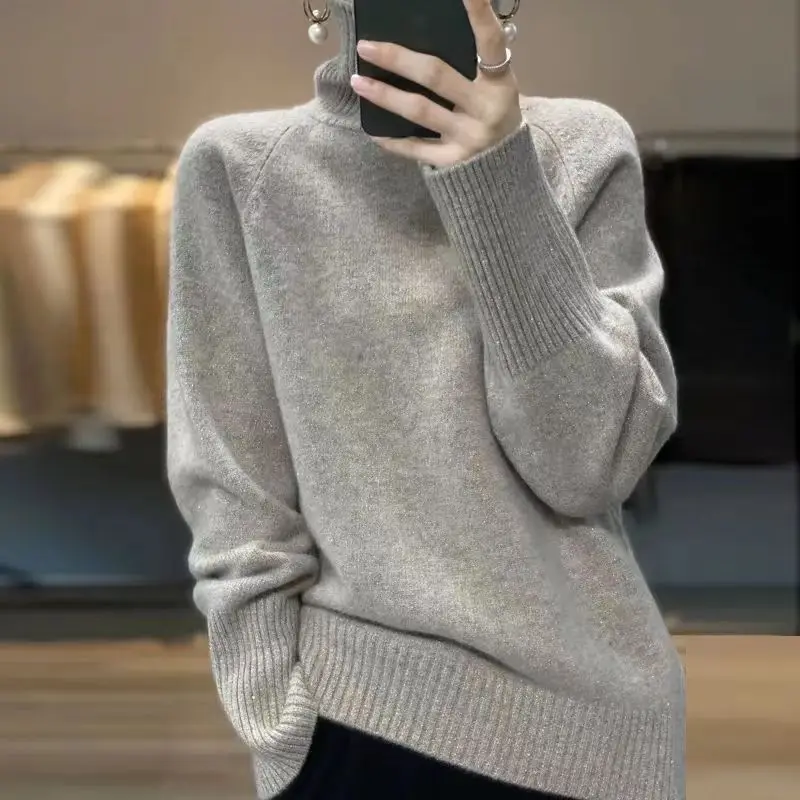 

Loose Casual Knitwear High Neck Lazy Style Solid Color Sequin Women's Base Layer Sweater Autumn Winter New E11564