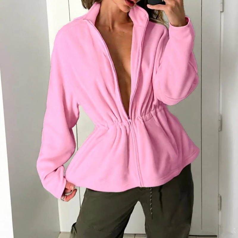 Chic Pink Polar Fleece Zipper Sweatershirt 2026 Autumn Casual Slim Stand Collar Coats Women Fashion Long Sleeve Outerwear