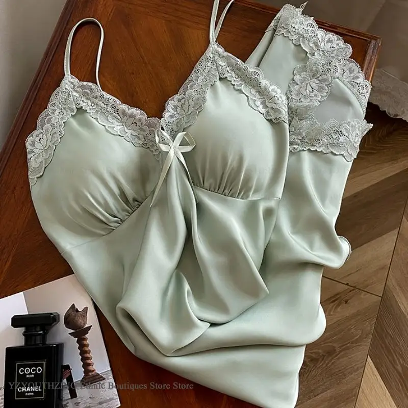 

Female Suspender Nightgown Chemise Sleepwear Summer Silk Satin Nightwear Nightdress with Chest Cushion Women Nighty Homewear