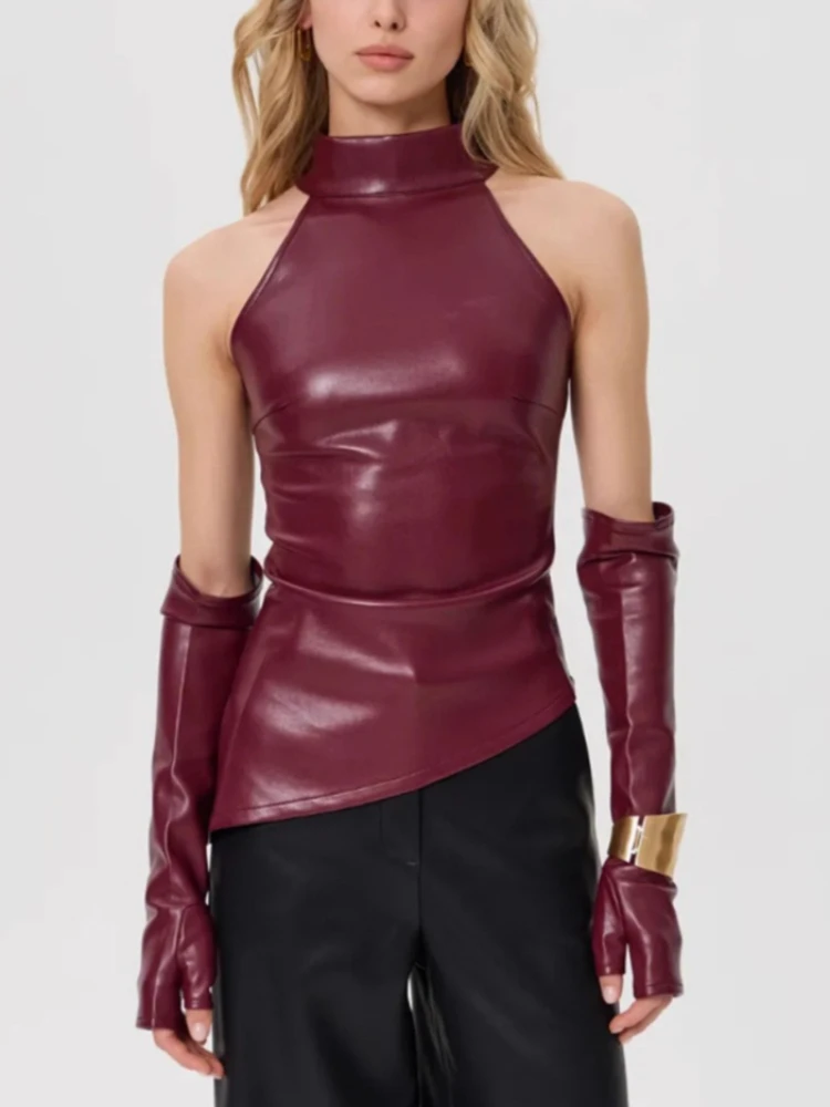 Sexy PU Tank Top Pullover Women Slim Sleeve Covers Off-Shoulder Stand Collar Tapered Waist Irregular Y2k Vest Female Top