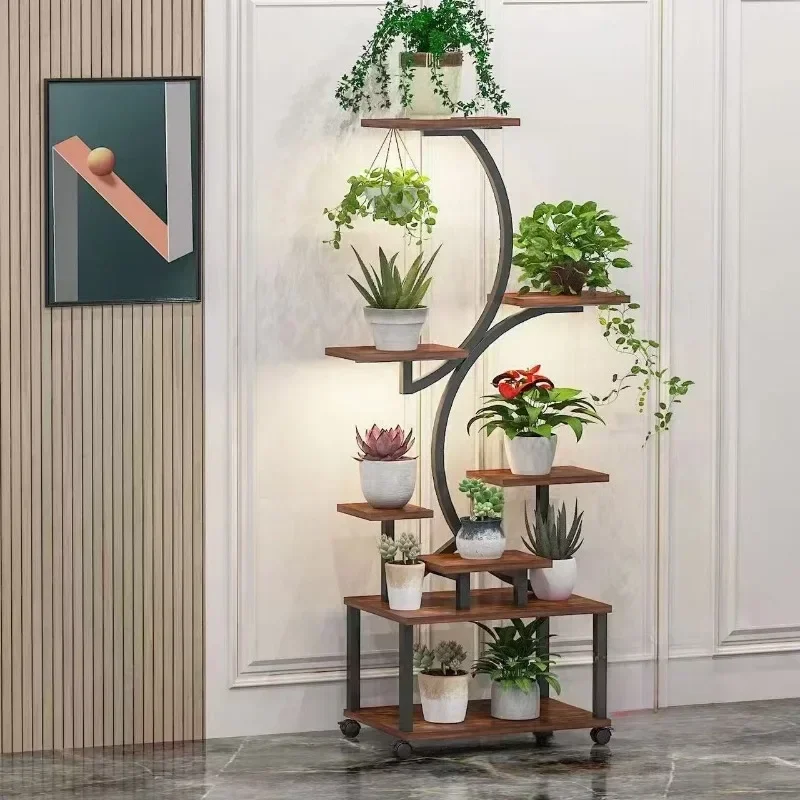 Indoor flower stand with flower pot, plant light, floor-to-ceiling rack splicing flower rack, multi-layer iron and wood