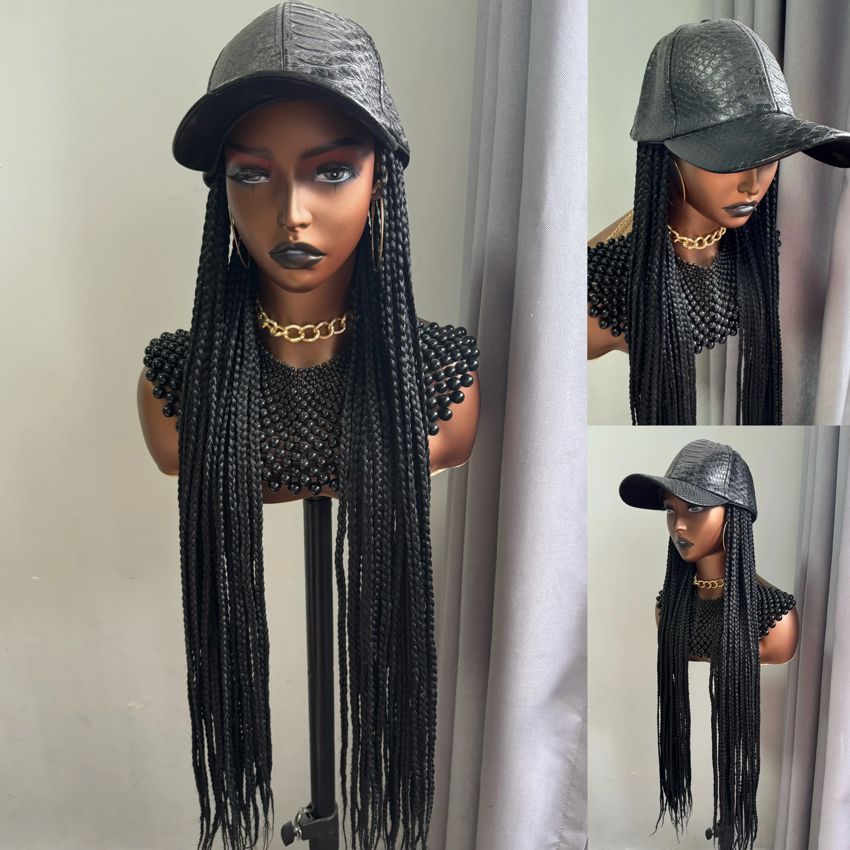 WIGERA Extra long 24/36Inch Black Box Braided Synthetic Wigs With Crocodile Pattern Cap Braiding Hair Extensions Adjustable Hat