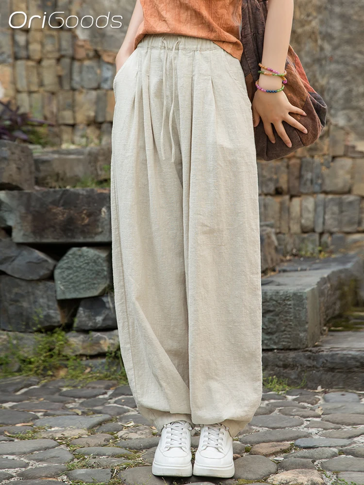 

OriGoods Oversized Baggy Pants Women 2025 New Summer Elastic Waist Loose Ramie Cotton Long Pants Korean Vintage Pants B300