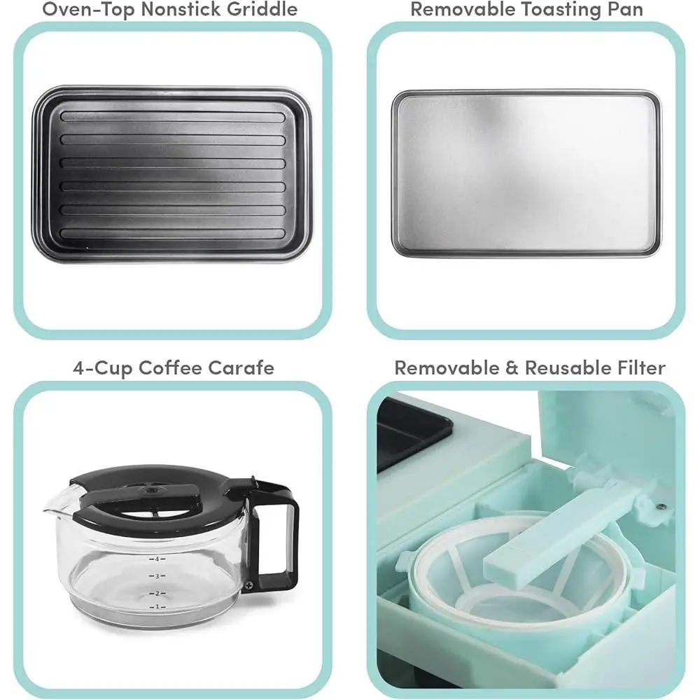 فرن محمصة خبز 3 في 1 مع مؤقت صانع القهوة 4 أكواب، جهاز طهي سهل التنظيف ومتعدد الوظائف