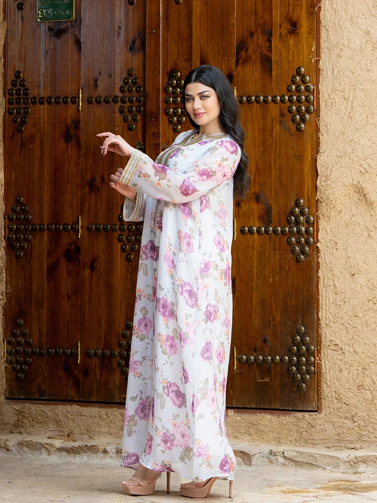 TOLEEN femmes robes au sol moyen-orient ample imprimé fleuri Robe pour femmes musulmanes à manches longues et Robe de soirée élégante