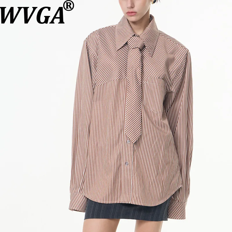 

WVGA Spring Autumn New Man Tide Niche Striped Patchwork Trendy Tie Long Sleeve Shirt Chic Casual Turn-Down Collar Top Ins W14973