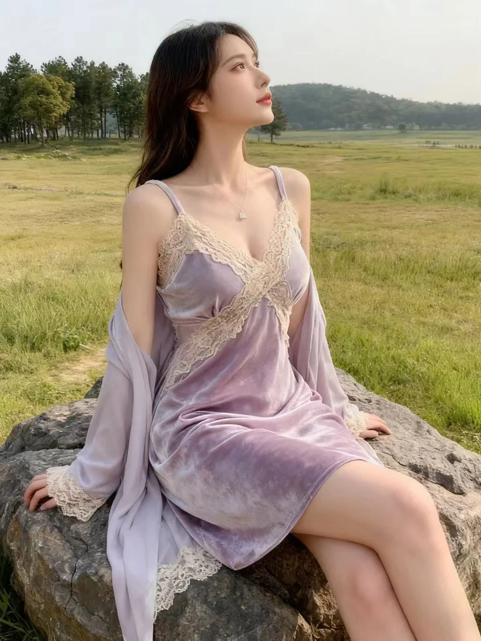 sexy-lace-kimono-nightgown-women's-velvet-robe-with-chest-pad-short-length-knot-home-clothes-sleepwear-set