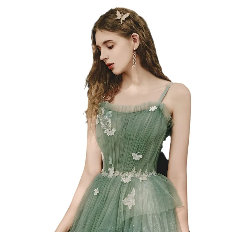 ミントグリーンのエレガントなパーティードレスウエディングドレスAラインメッシュスパゲッティストラップチュールロングVestidoウェディングパーティー卒業宴会ドレス