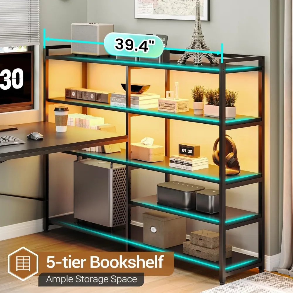 مكتب كمبيوتر قابل للعكس للألعاب مع مخرج طاقة وأرفف تخزين، مكتب ألعاب زاوية مع أضواء LED