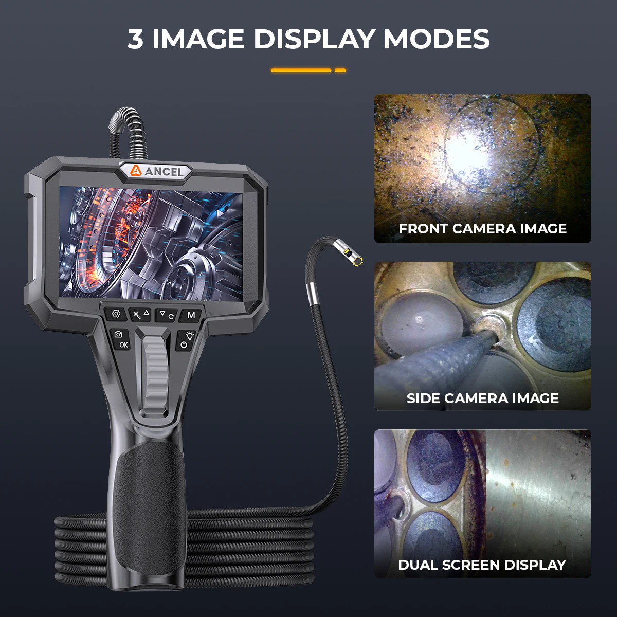 ANCEL AN302 اتجاهين توضيح Borescope عدسة مزدوجة المنظار التفتيش كاميرا التفتيش الصناعي 6.5 مللي متر 4.3 بوصة IPS الشاشة