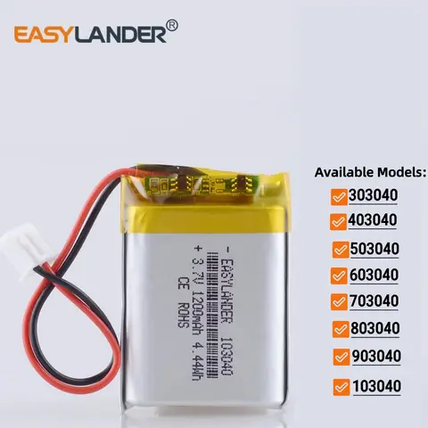 3.7V 1200mAh 103040 JST2.54 2Pin 충전식 리튬 이온 폴리머 배터리 303040 403040 503040 603040 703040 803040 903040