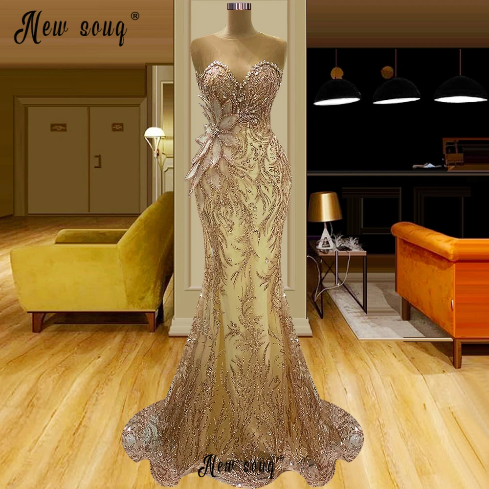 New Gold Party Dress 3D Leaf Appliqued Arabic Evening Dress Sparkly Beaded Mermaid Formal Prom Dresses Vestido De Noiva