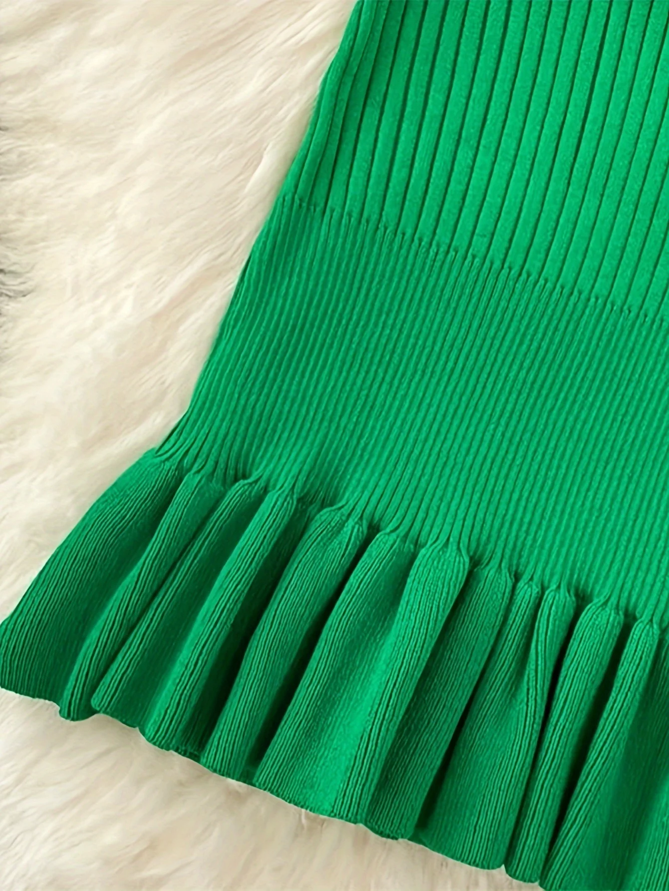 2024 New Solid Ribbed Mermaid Ruffle Hem Dress Elegant Sleeveless Crew Neck Slim Dress Women's Clothing  mini dress