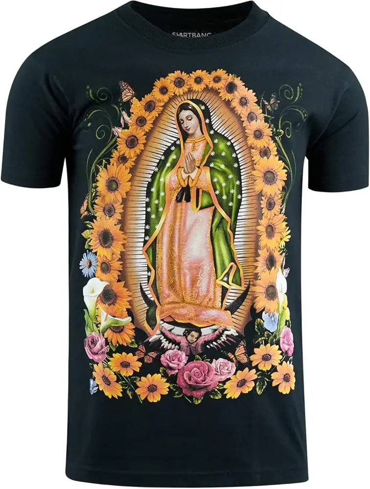 Divine Florals Mens Virgin Mary Praying Shirt Sunflowers and Roses Tee   High Quality 100%Cotton Short Sleeve