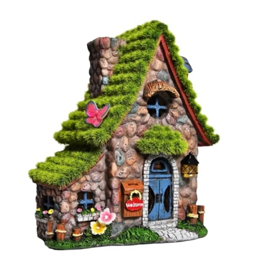 Resin Fairy House Statues with Solar Powered Lights, Funny Garden Sculptures with Flocked and Cobblestone Decor, Exquisite Gard
