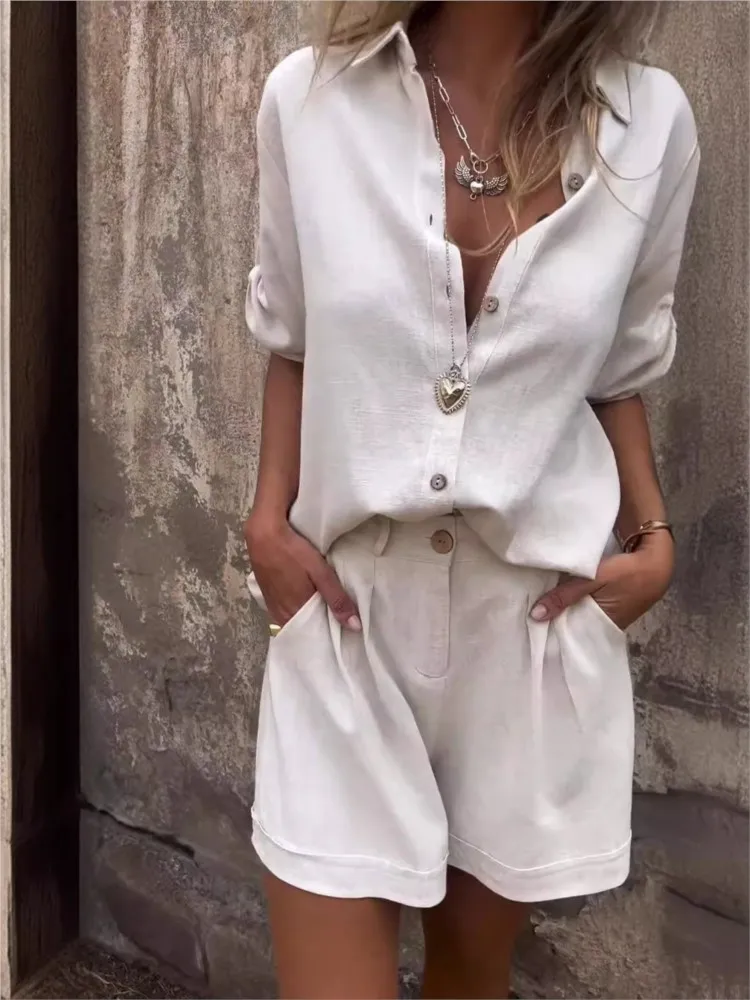 

Summer New Women's Cotton Linen Short-sleeved Shorts Casual Set Fashionable Simple And Elegant Solid Color Two-piece Sets