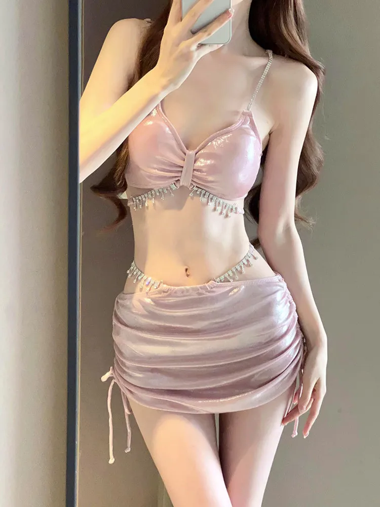 

Sexy Bikini Set Woman Swimsuit 3-Piece 2024 Luxury Rhinestone Swimwear Women Swimming Skirt Beach Bathing Suit Girls Monokini