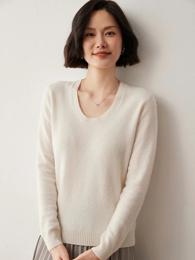 

Autumn Winter High-end 100% Cashmere Sweater Women's Pullover Knitwear U-neck Solid Versatile Soft Basic Long Sleeve Tops