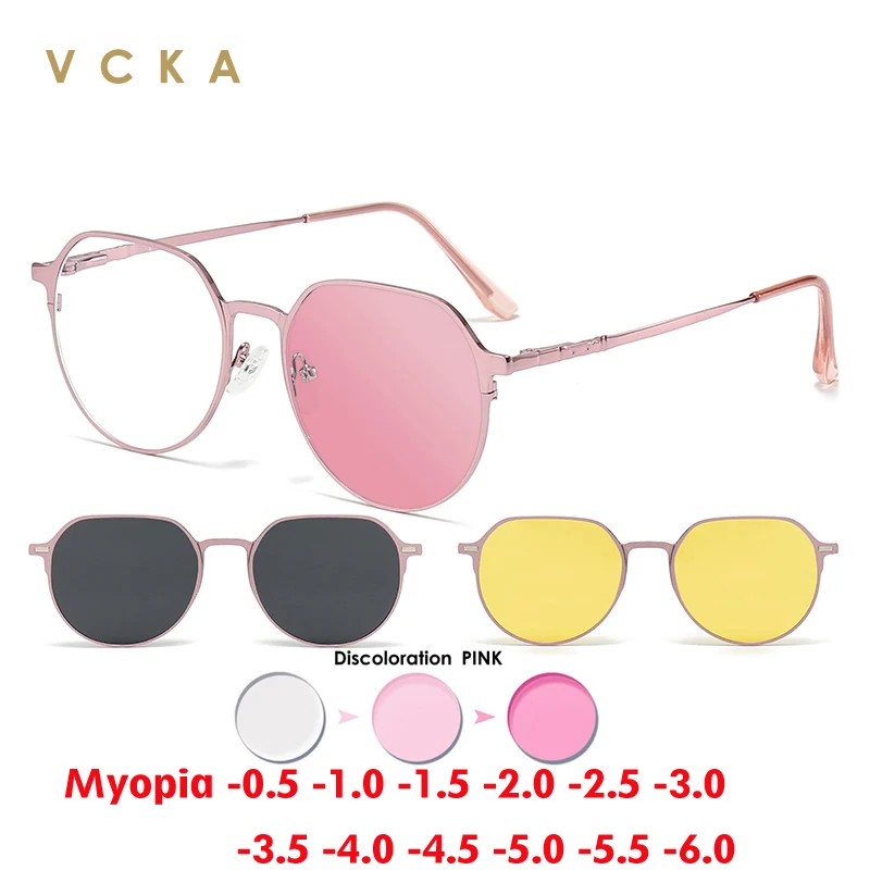 

VCKA 3 in1 Magnetic Clip Photochromic Myopia Sunglasses Glasses Women Men Polarized Prescription Optical Frame -0.50 to -10