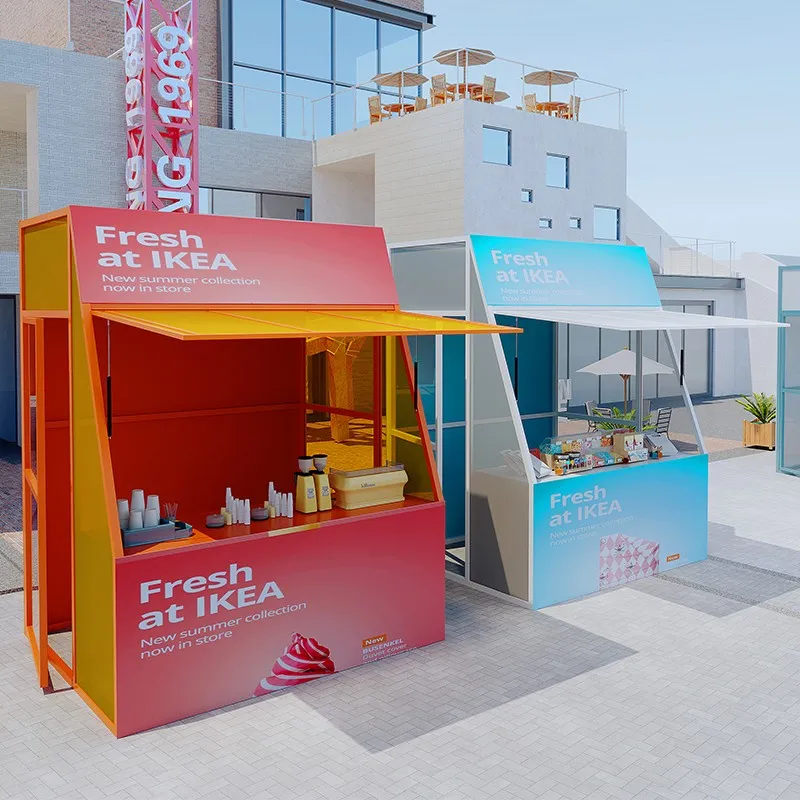 Night market activities, stall racks, wrought iron small shops, movable market canopy, booth display racks with tables