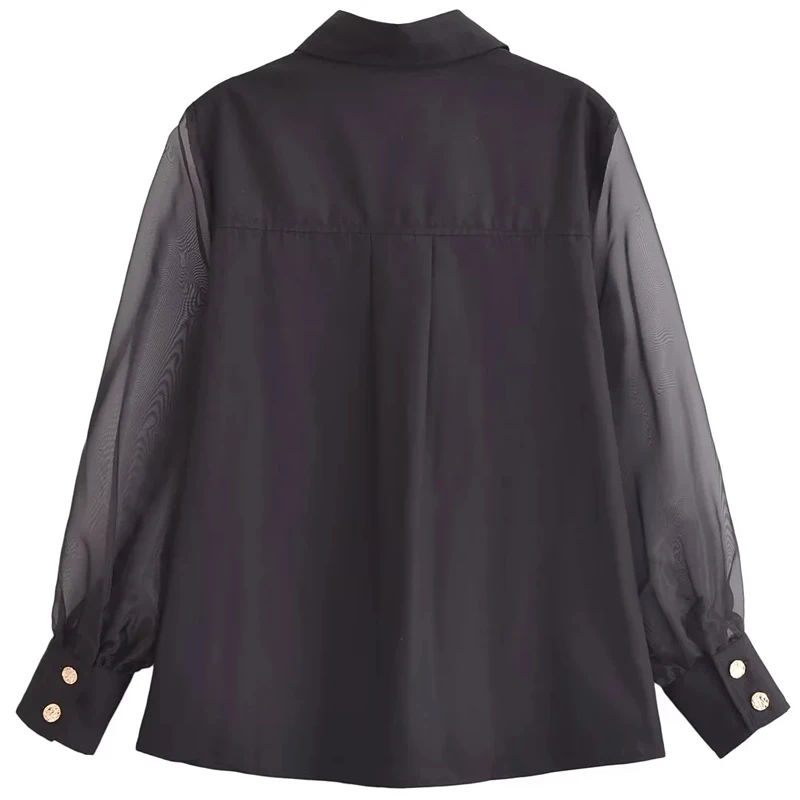 TRAF Organza Black Blouse Women's Shirt Spring Summer 2024 Lapel Collar Translucent Long Sleeves Top Elegant Lady Luxury Blouses