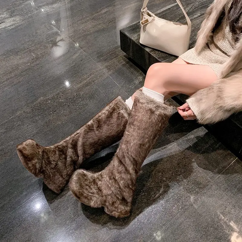 MORAZORA 2026 موضة جديدة أحذية النساء سحب على جلد البقر الفراء حذاء برقبة للركبة منصة أحذية الشتاء المنصة أحذية أنيقة #2