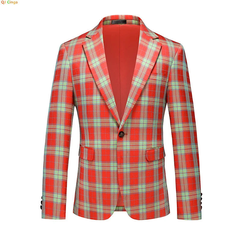 Red Men\'s Plaid Long Sleeve Blazer,Fashion Slim Fit Suit Jacket,Wedding Party Tops Coat, Asian Size M-5XL,6XL