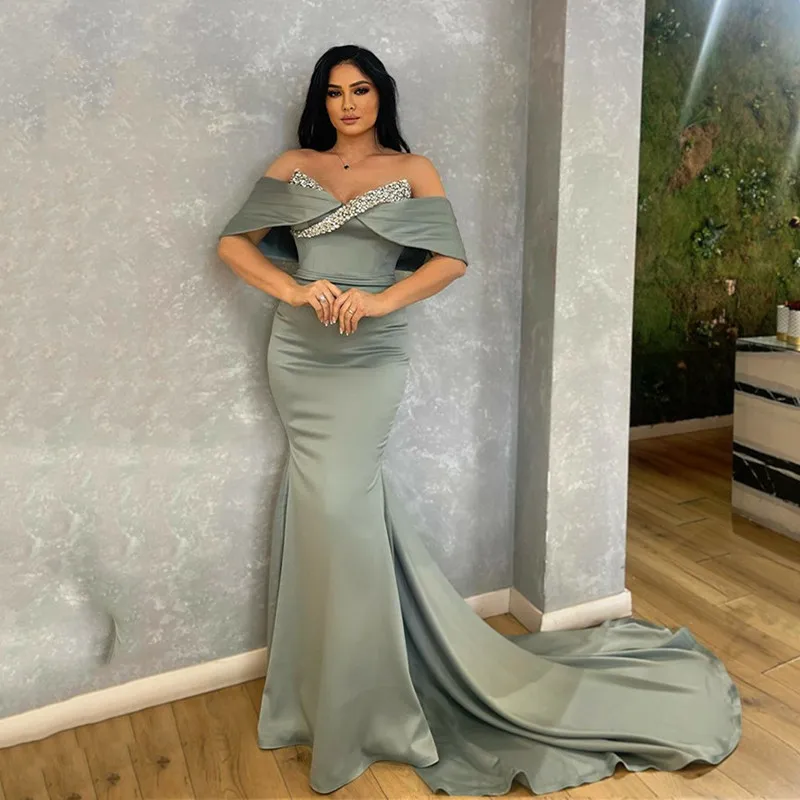 

Saudi Arabia Mermaid Evening Dresses Nordic Morandi Color Off The Shoulder Prom Gowns Beading Formal Occasions Dress 2023