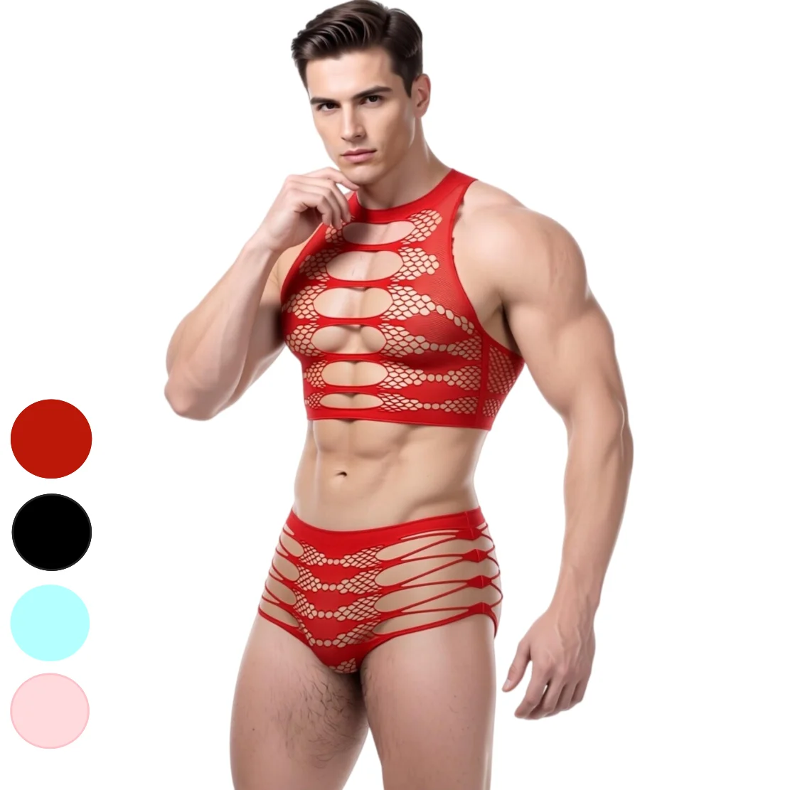 Men Mesh Lingerie Set Hollow Cutout Crop Tank Top Briefs 2 Piece See Through Fishnet Suit Sexy Nightclub Party Erotic Sleepwear