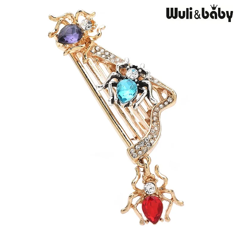 Wuli&baby Lovely Spider Harp Brooches For Women Vintage Crystal Insects Instrument Party Casual Brooch Pins Gifts