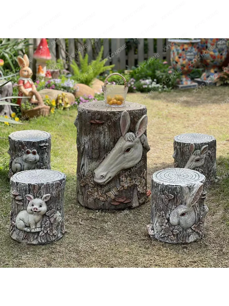 Creative Courtyard Bench Decoration Garden Jardiniere Base Outdoor Room Animal Small Chair Imitation Tree Wooden Pile NewChinese