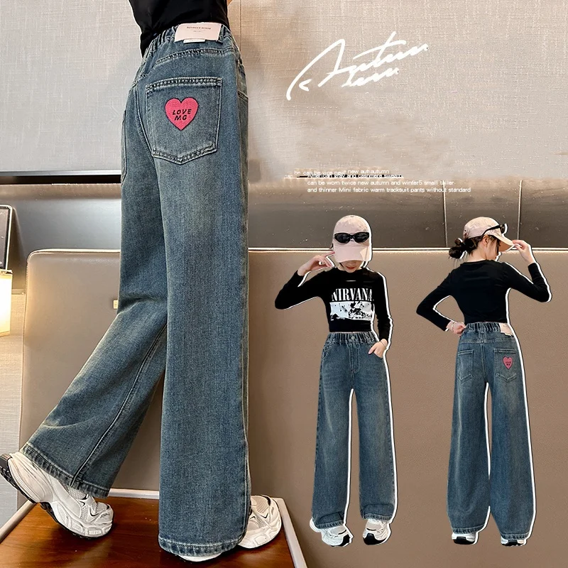 

Girls Jeans Ages 4-14Y Teen Straight Denim Teenage Vintage Trousers Toddler Girl Casual Fashion Denim Bottom Kids Y2k Long Pants