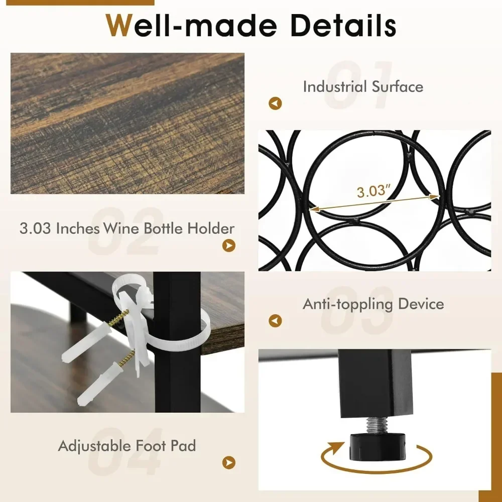 Kabinet Bar Anggur, Rak Anggur untuk 18 Botol, Tempat Kaca, Pulau Stasioner Lantai 47”, Rak Roti, Rak Penyimpanan untuk Dapur