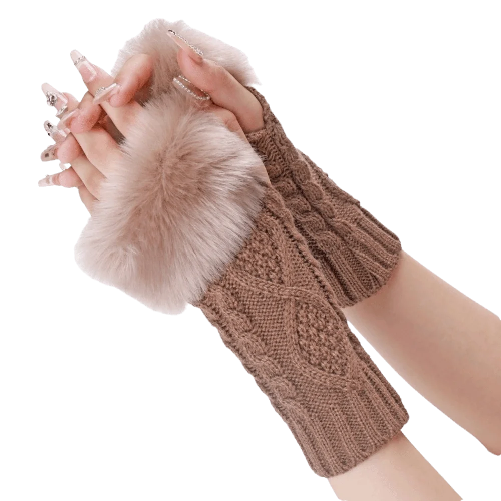 Chic Cable Knit Fingerless Arm Warmers Faux Fur Cuff Rhombus Pattern Half Finger Gloves Soft Warm Sleeve Cover Daily Wear