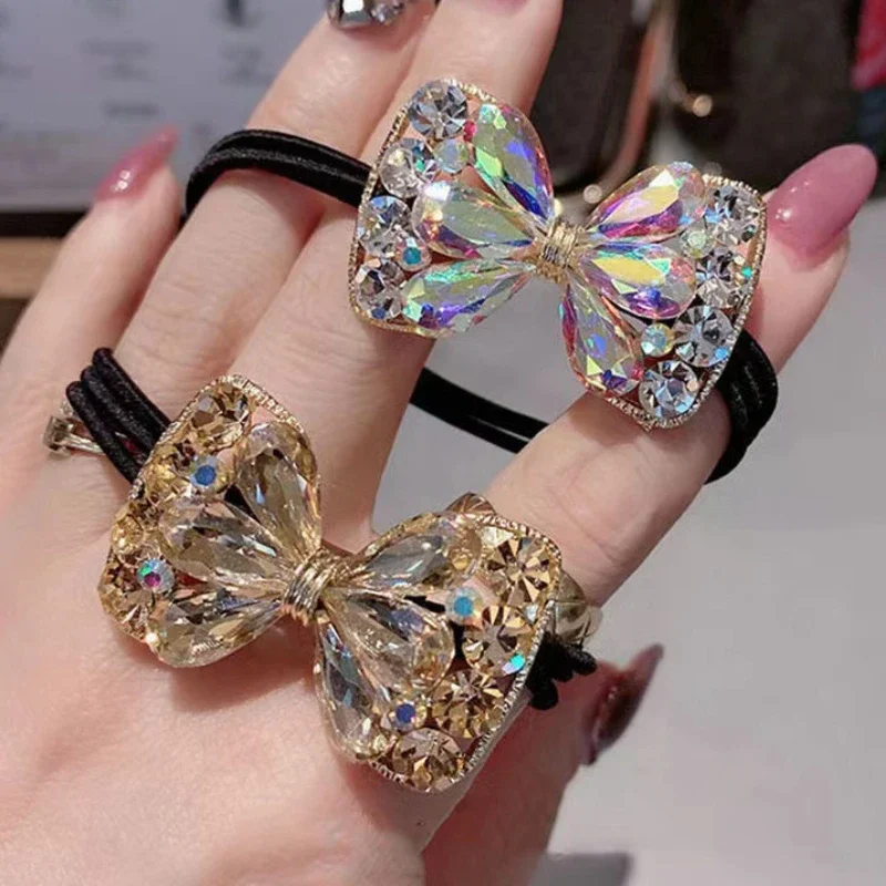 High-grade Korean Crystal Metal Bows High Elastic Hair Bands New Rope Tie Flash Diamond rubber Accessories for Women