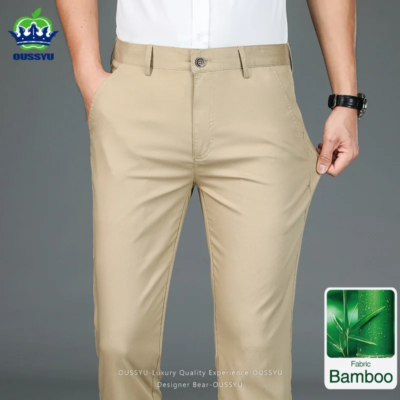 OUSSYU Brand Bamboo Fiber Men's Suit Pants Summer Thin Breathable Straight Business Office Work Suit Trousers Plus Size 29-40